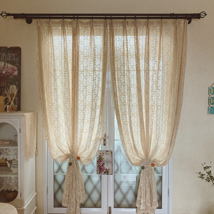 Cotton Linen Crochet Hollow Living Room Curtains - Image 1