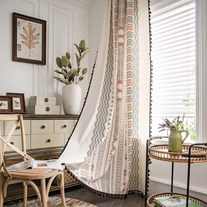 Boho Cream Cotton And Linen Print Sun Shade Non-punched Curtain Fabric - Image 1